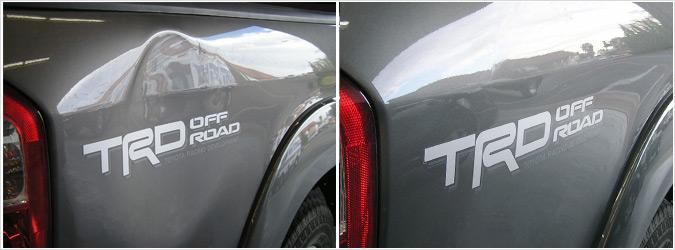 A before and after picture of a truck with a dent in the fender.