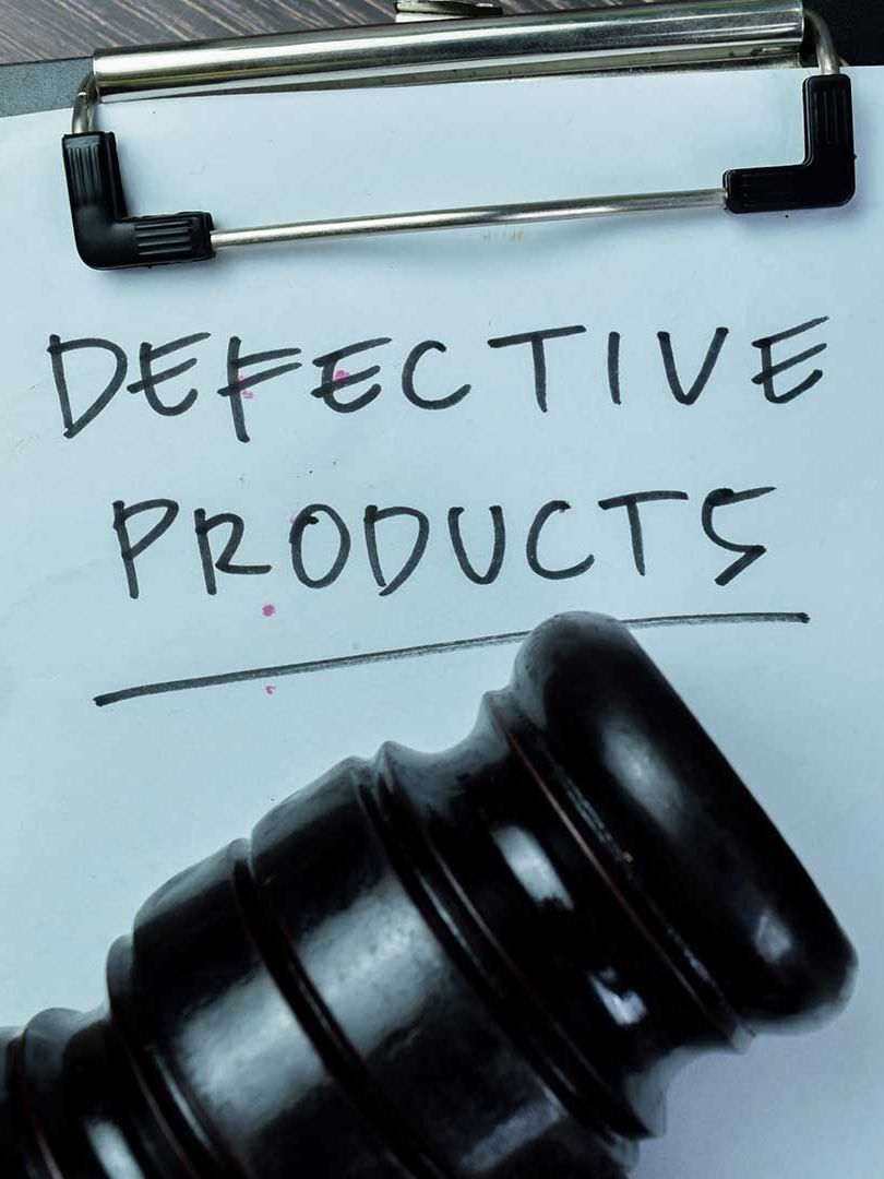 A clipboard with the words defective products written on it
