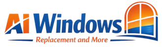 Logo for Ai Windows Replacement and More featuring the text next to a graphic of an arched window with a sunset view.