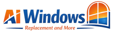 Logo for Ai Windows Replacement and More featuring the text next to a graphic of an arched window with a sunset view.