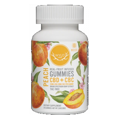 A bottle of peach gummies with cbd + cbc