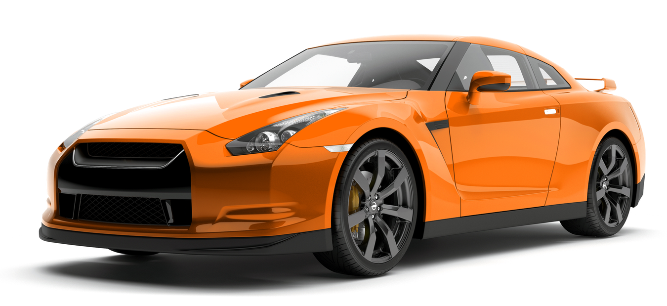 Orange Nissan GT-R sports car with black wheels.