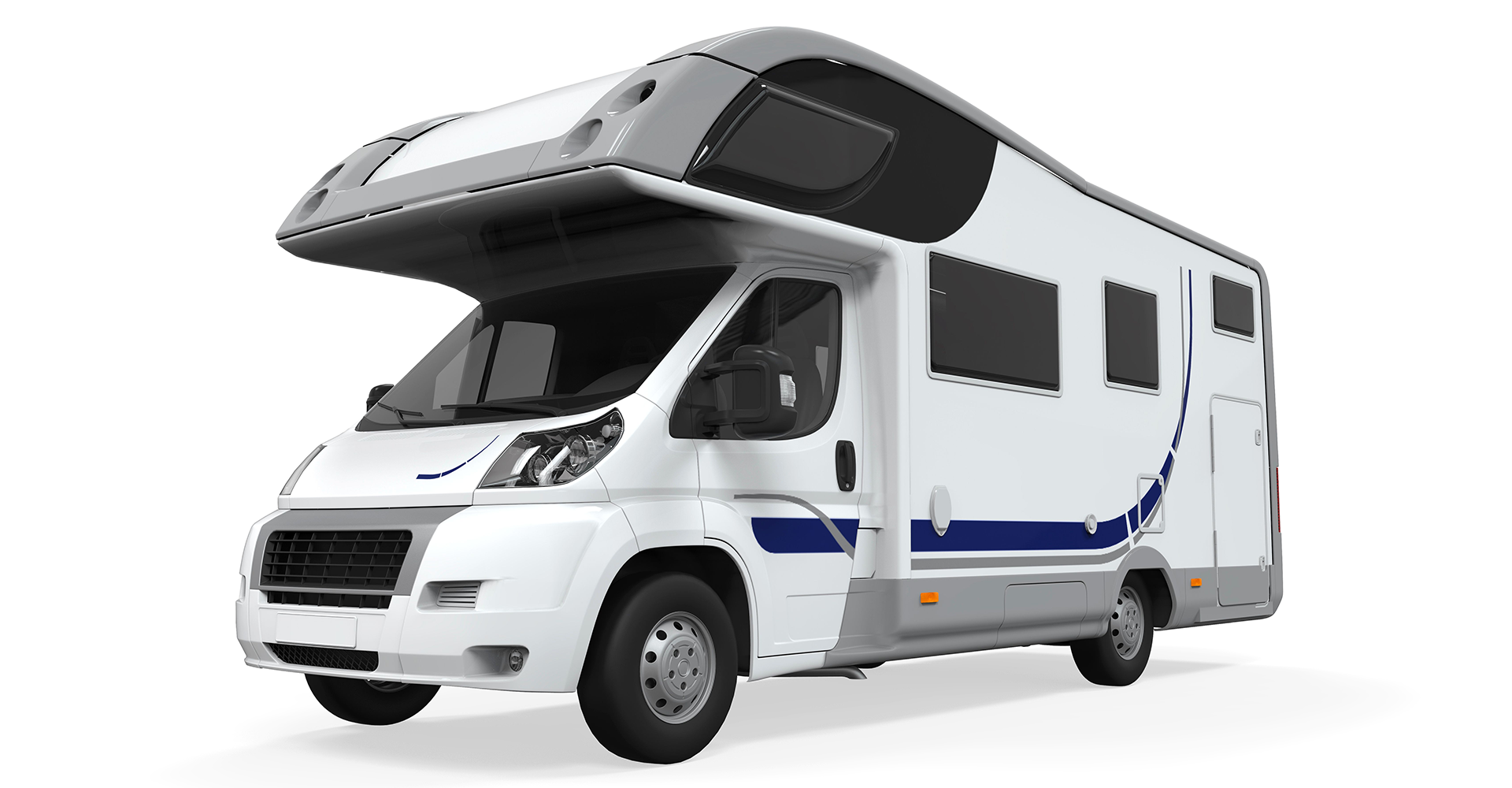 White and gray RV with dark windows and blue stripes on a white background.