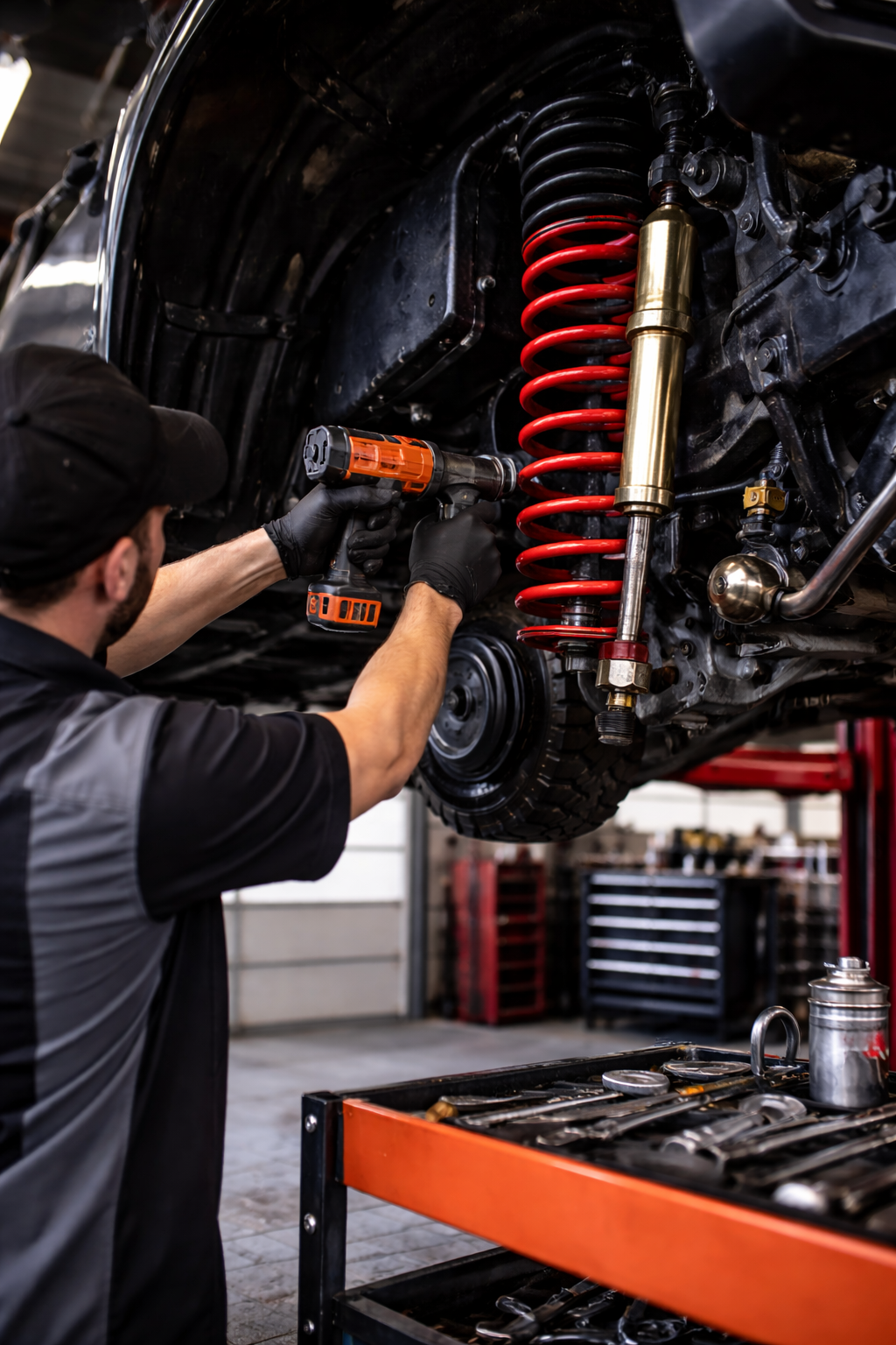 Mechanic using a power tool on vehicle suspension in a garage, focusing on a red coil spring.