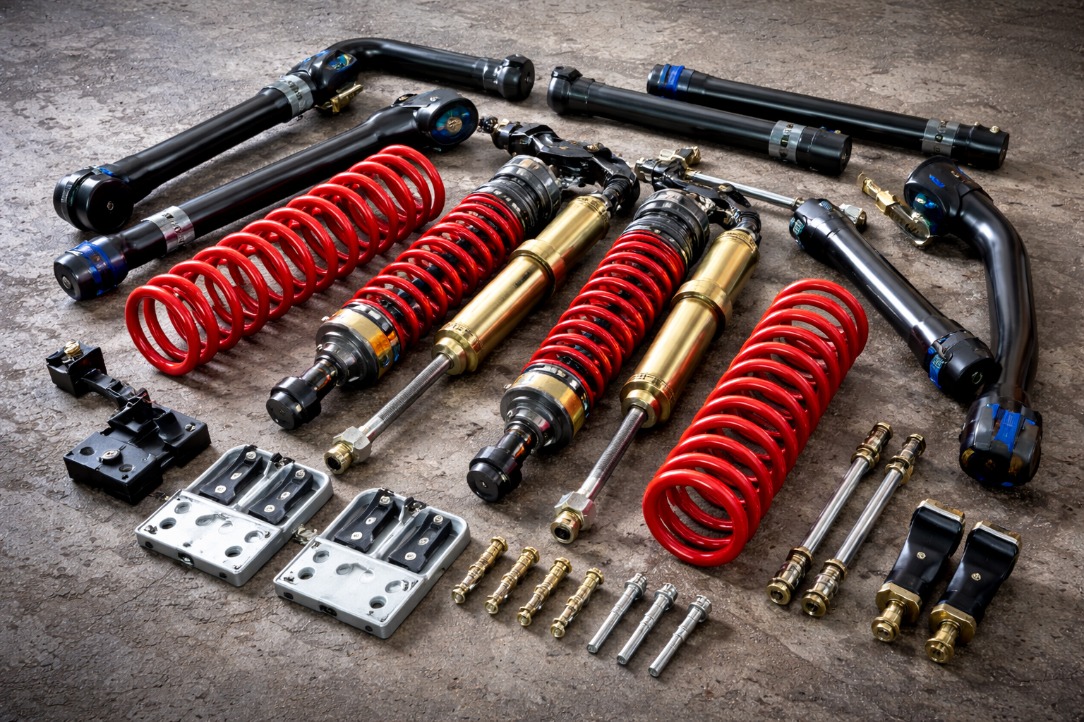 Suspension system components: red springs, gold shocks, black arms, hardware, on a concrete surface.