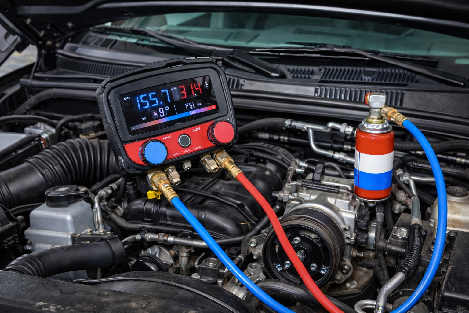 A/C diagnostic gauge set connected to a car engine, displaying pressure readings. Blue and red hoses attached.