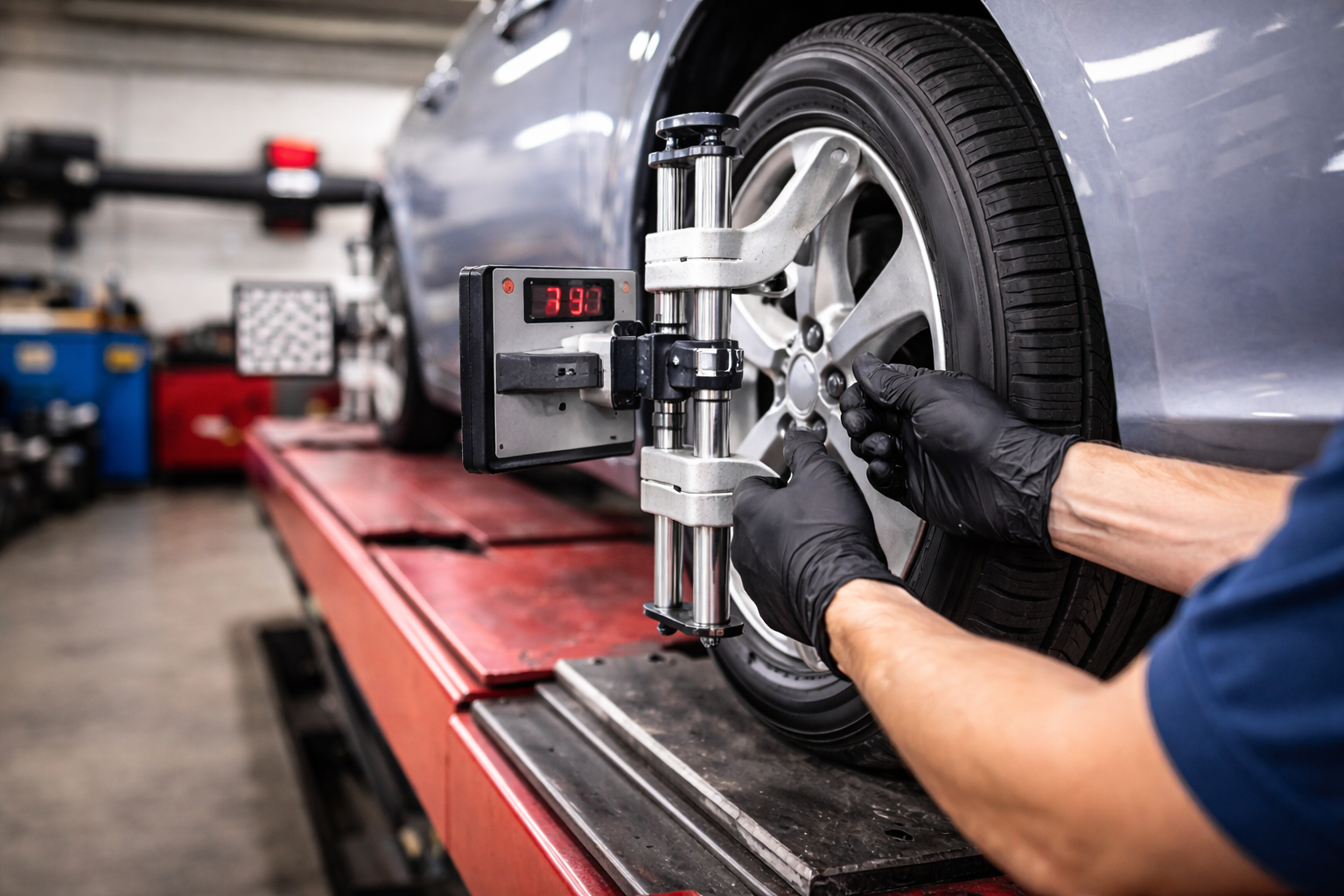 Mechanic adjusting car wheel with alignment equipment on a lift in a garage.