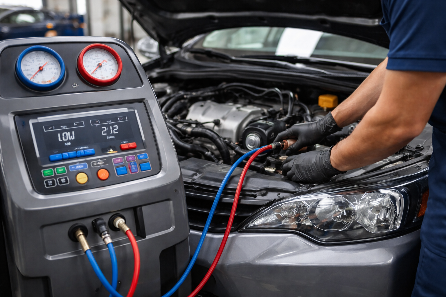 Mechanic servicing a car's air conditioning system with a specialized machine, hoses connected to the engine.