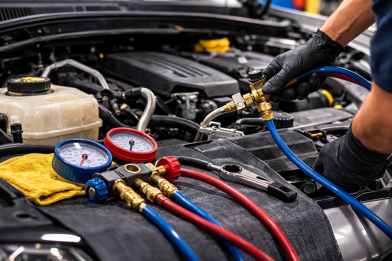 Mechanic working on car engine, attaching gauges and hoses for AC system check.