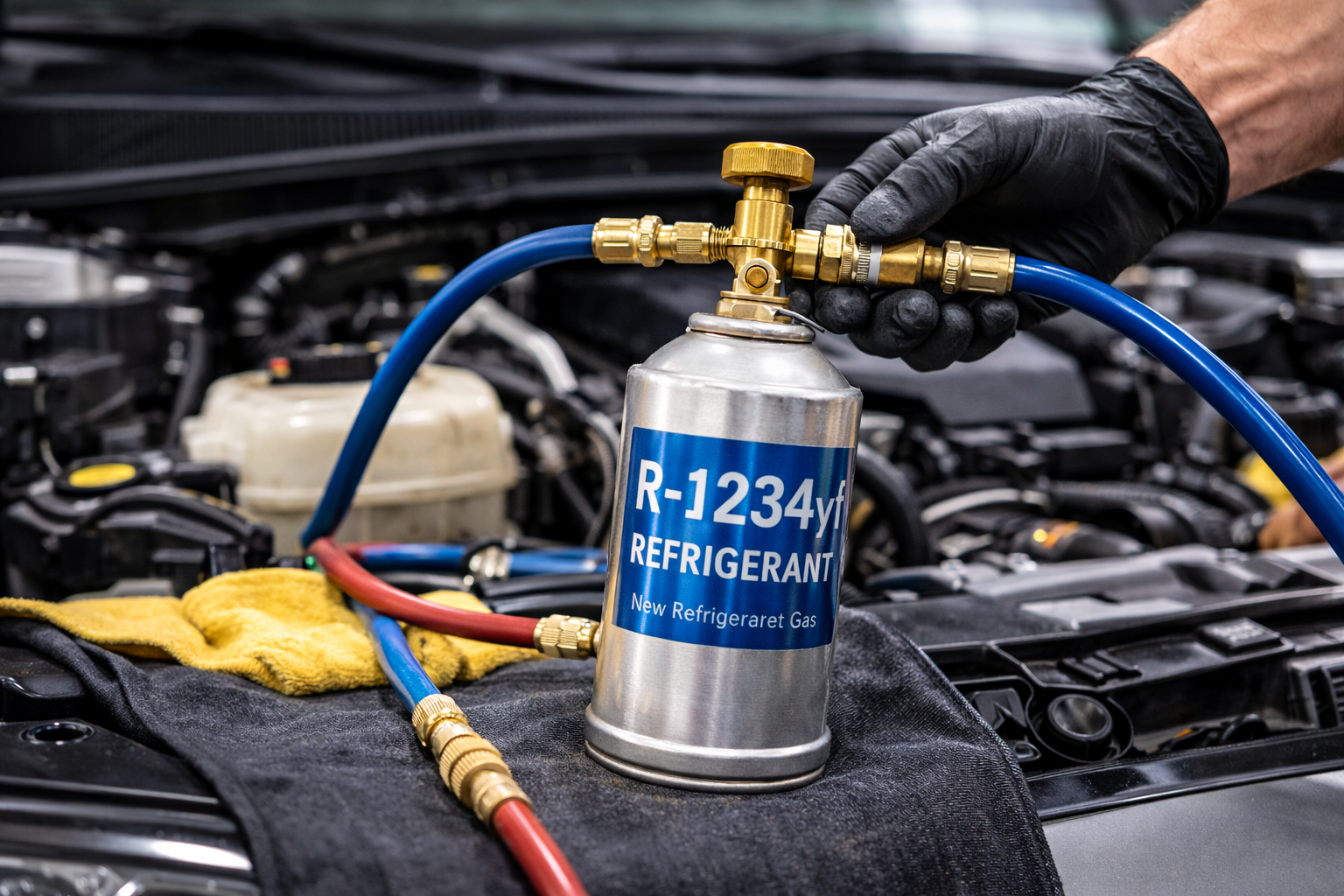 A mechanic with a gloved hand holds a refrigerant can labeled