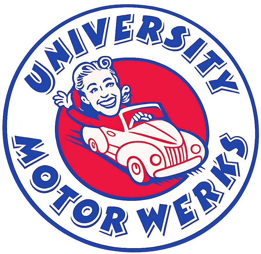 University Motor Werks logo: smiling person waving from a car within a red circle, surrounded by blue text.
