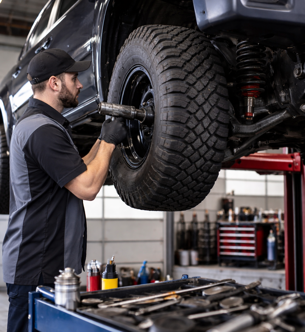 Mechanic using a wrench to remove a tire from a lifted truck in a garage.