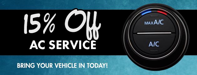Promotional graphic: 15% off AC service. Features car AC controls. 