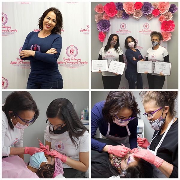 A collage of four photos of women in a beauty salon