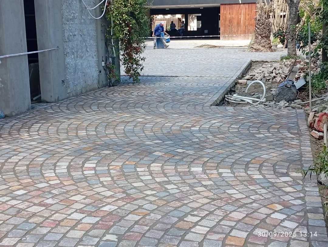 Camino de entrada adoquinado con patrón curvo; persona vestida de azul alejándose en el fondo.