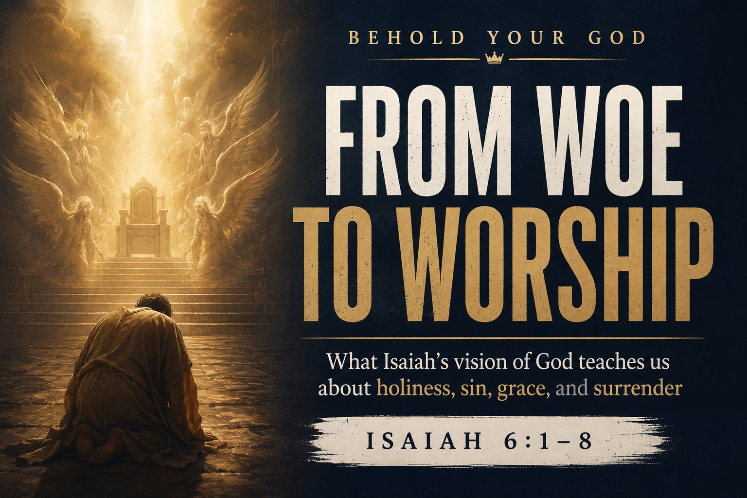 From Woe to Worship graphic for Isaiah 6:1–8 on God's holiness, grace, and our response.