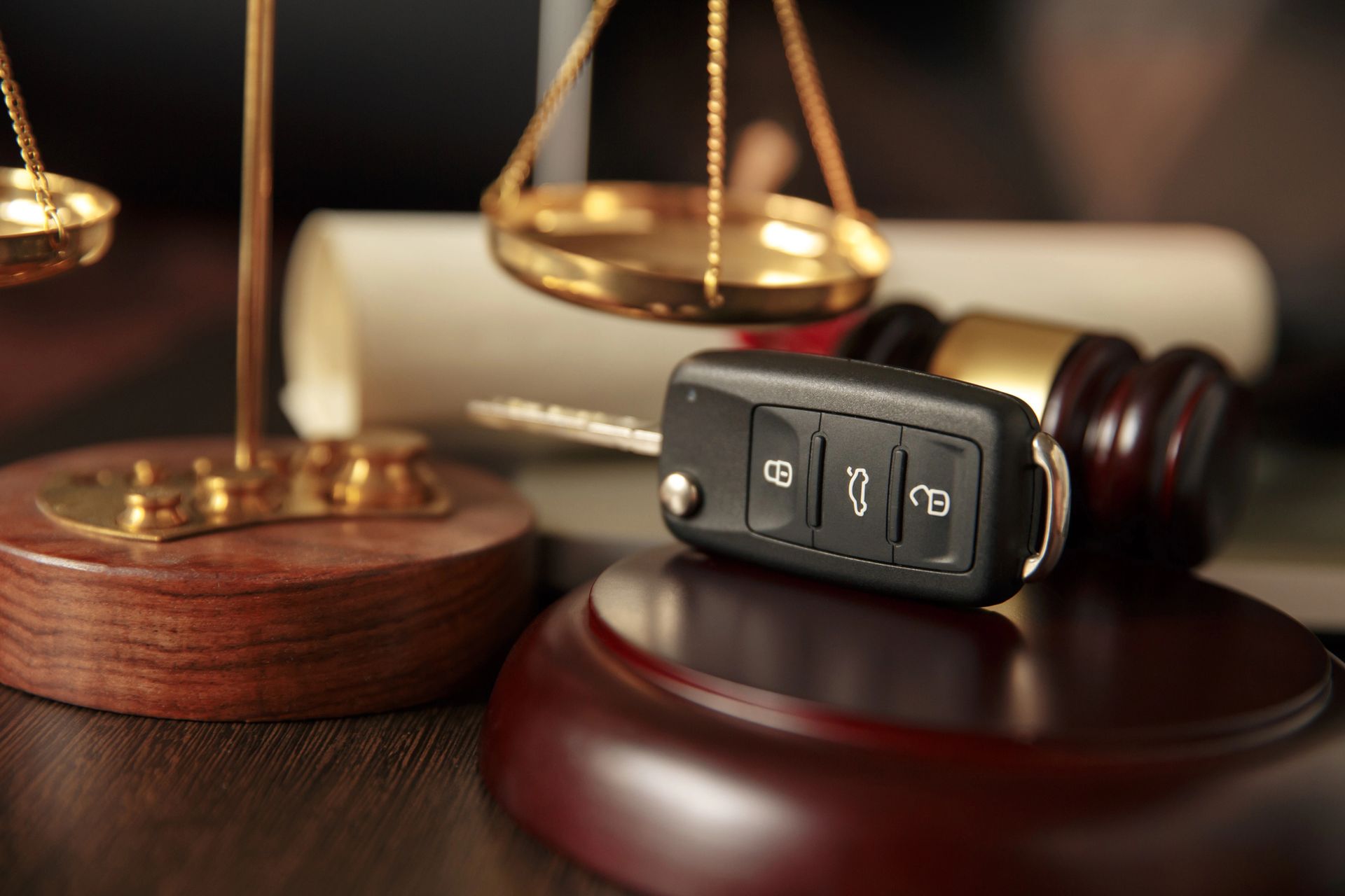 Un telecomando per auto appoggiato sul martelletto di un giudice, con la bilancia della giustizia