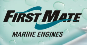 A first mate marine engines logo with water drops on it