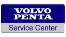 A blue and white volvo penta service center logo on a white background.