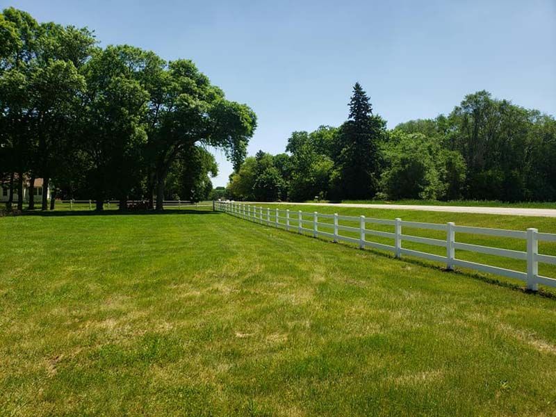 A white fence surrounds a grassy field with trees in the background.