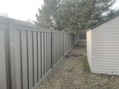 A gray fence surrounds a white shed in a backyard.