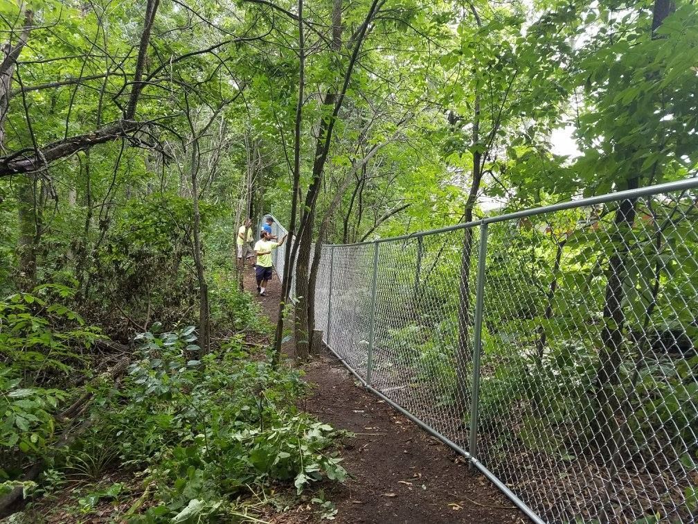 A couple of people are walking down a path in the woods behind a chain link fence.
