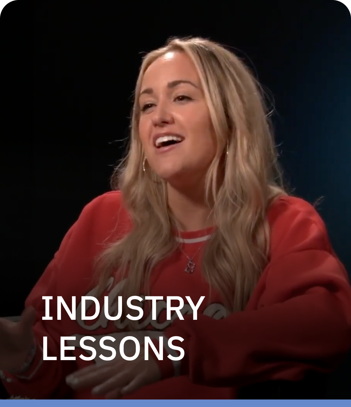 A woman in a red sweater is smiling with the words industry lessons below her