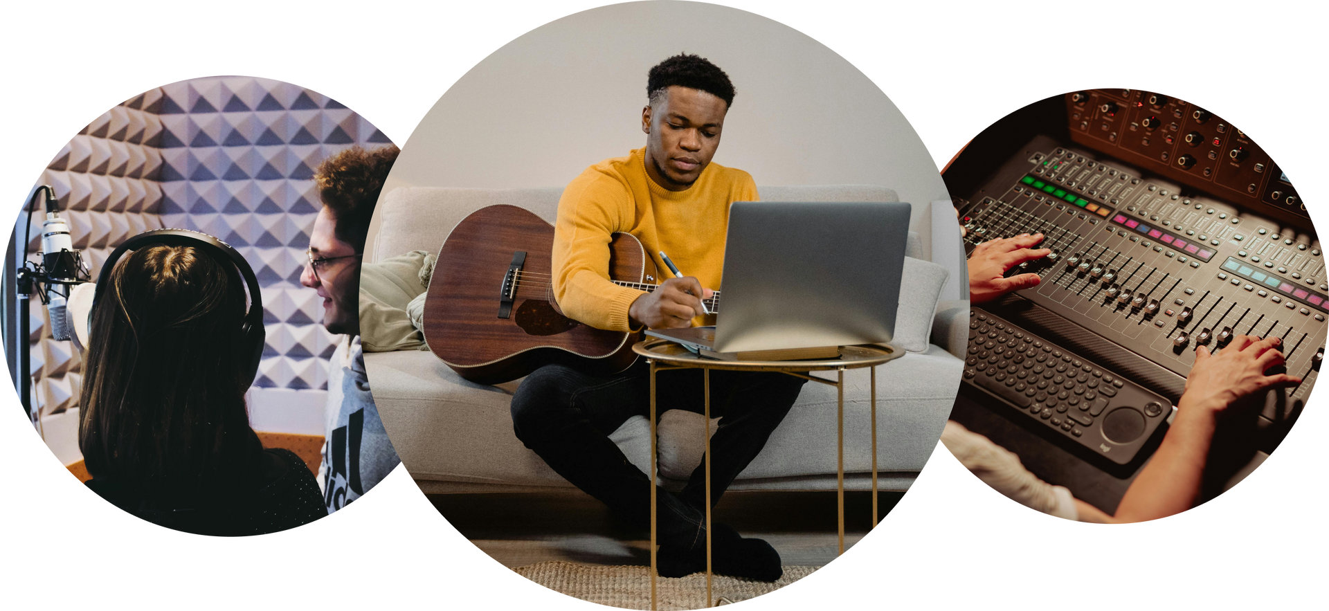 A man is sitting on a couch with a guitar and a laptop.