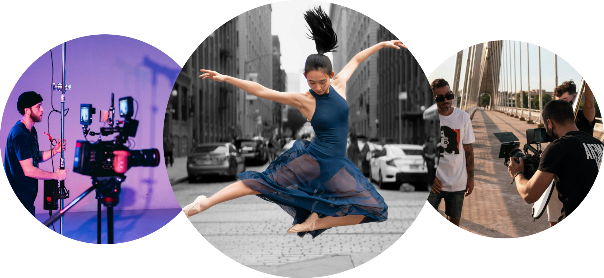 A woman in a blue dress is jumping in the air in front of a camera.