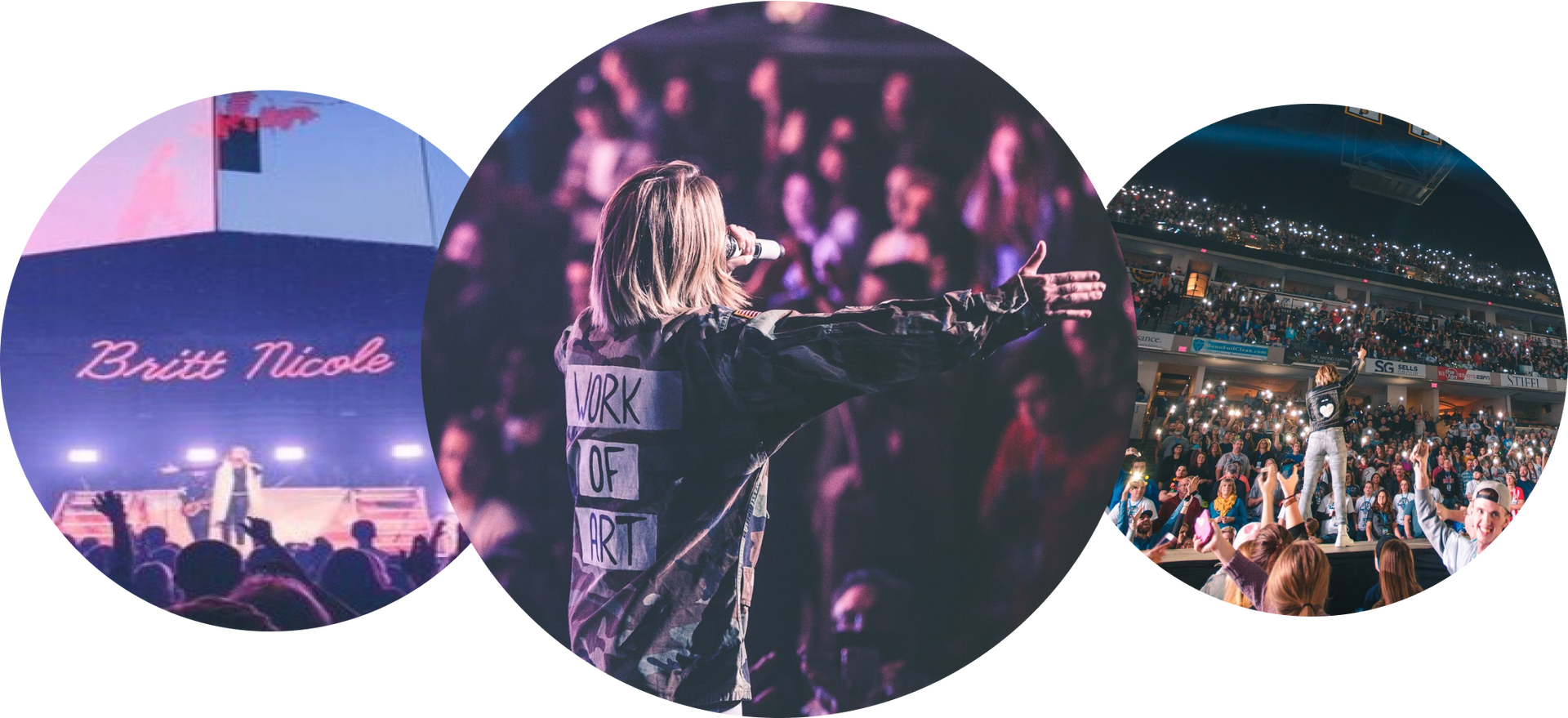 A woman is singing into a microphone in front of a crowd at a concert.