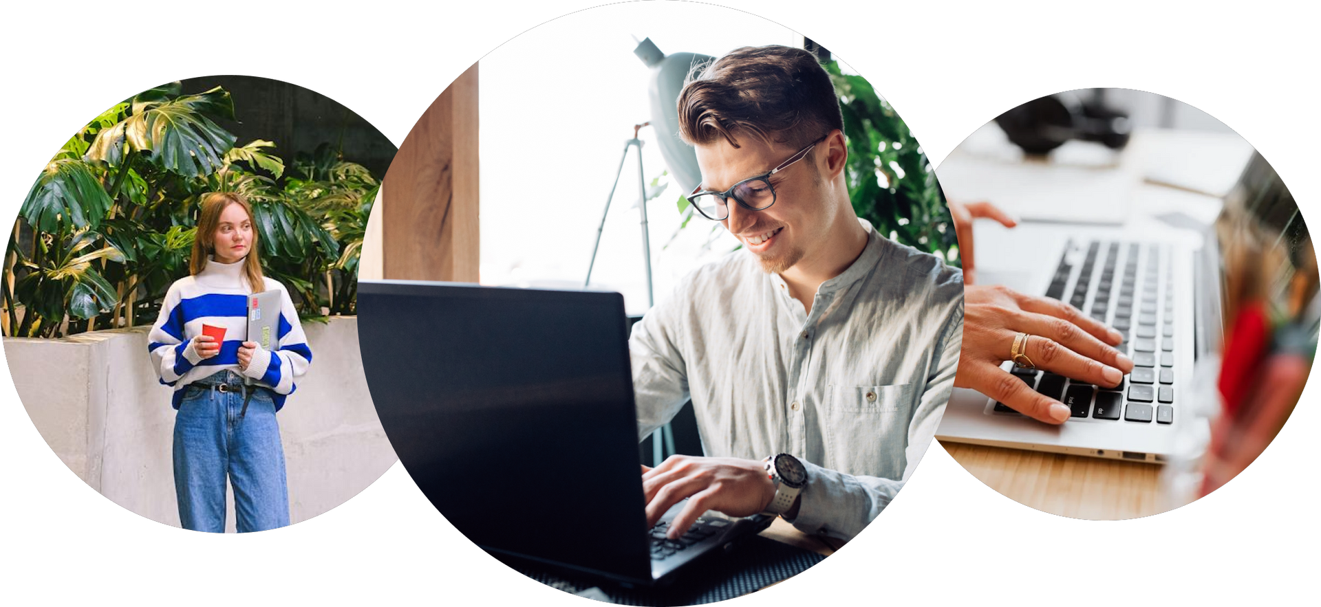 A woman is standing next to a man using a laptop computer.