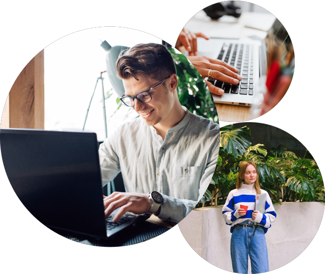 A man is typing on a laptop and a woman is holding a tablet