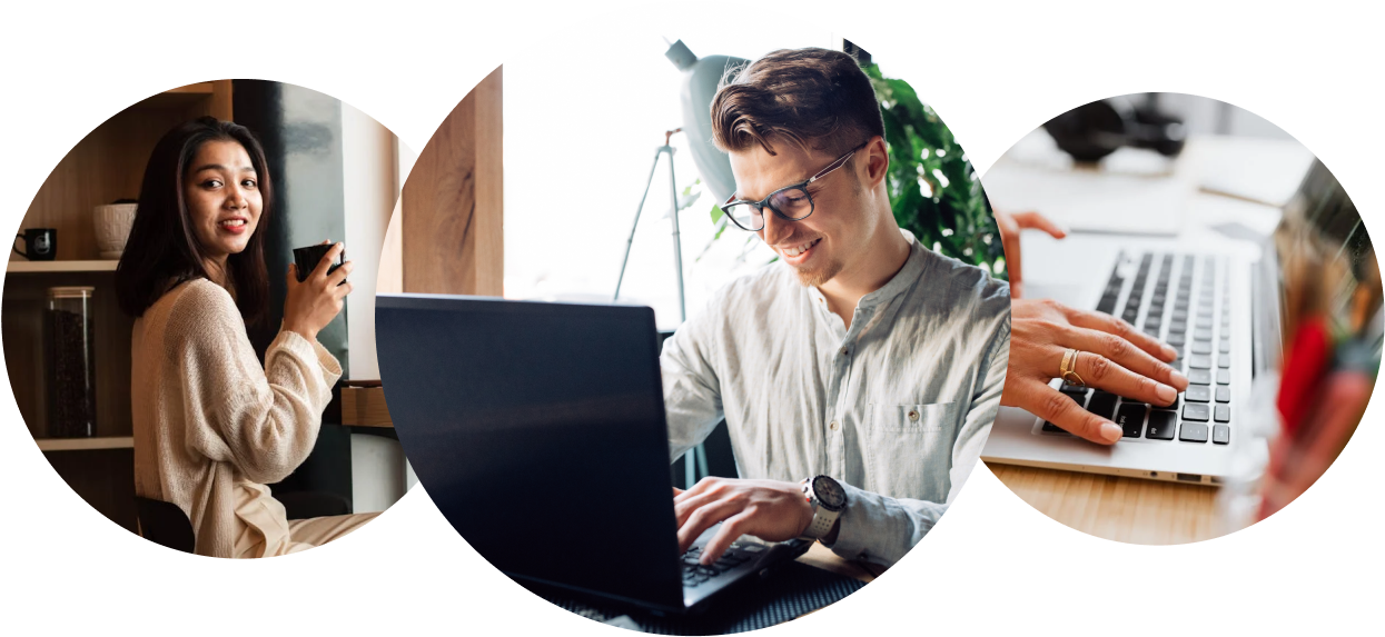 A man and a woman are sitting in front of a laptop computer.