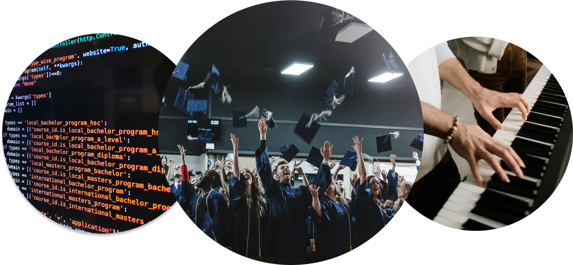 A group of people throwing their graduation caps in the air and a person playing a piano.