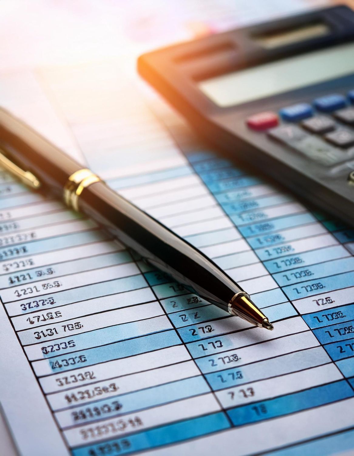 Pen and calculator on a spreadsheet with blue and white columns, lit by sunlight.