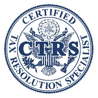 Certified Tax Resolution Specialist seal, blue and white, with the initials 