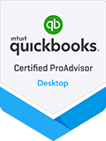 QuickBooks Certified ProAdvisor badge. Blue and white with green 