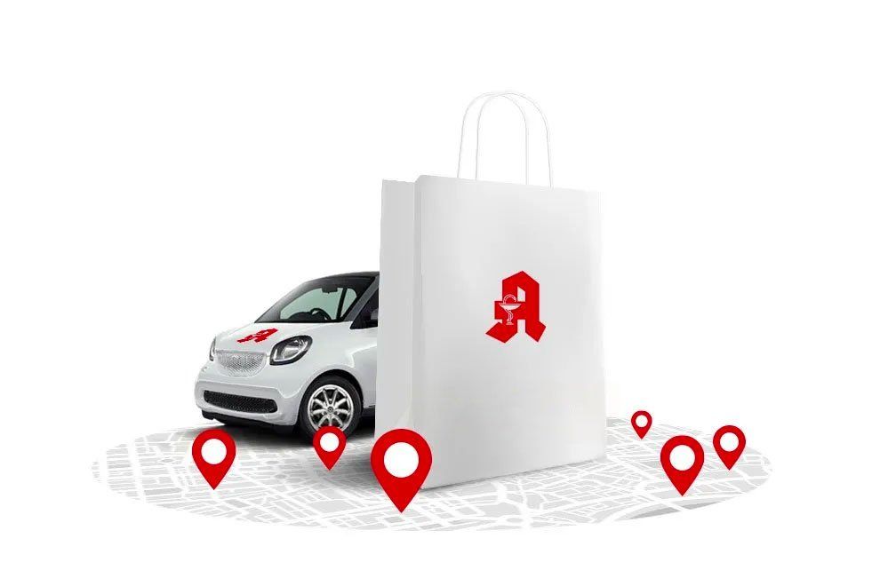 Eine Liefertasche mit dem Logo einer Apotheke steht neben einem Auto, umgeben von Standortmarkierungen auf einer Karte.