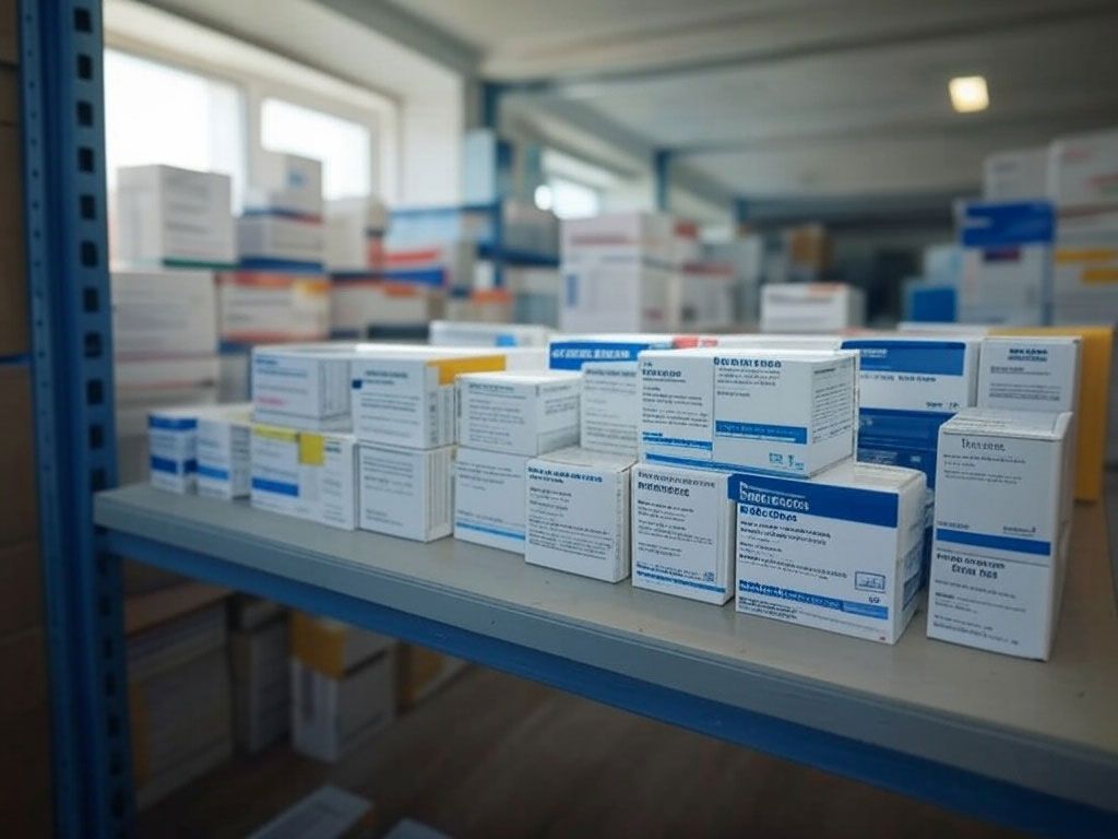 Regal mit Reihen von Medikamentenboxen in einer Apotheke oder einem medizinischen Lagerraum.