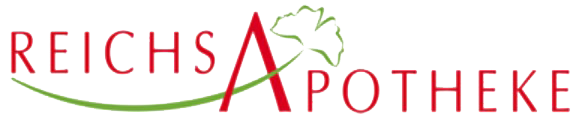 Das Logo der „REICHS Apotheke“ mit einem stilisierten roten „A“ und einem grünen Blattelement deutet auf eine Apotheke hin.