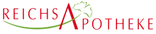Das Logo der „REICHS Apotheke“ mit einem stilisierten roten „A“ und einem grünen Blattelement deutet auf eine Apotheke hin.