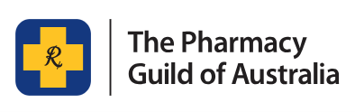 The logo for the pharmacy guild of australia is a blue and yellow cross.