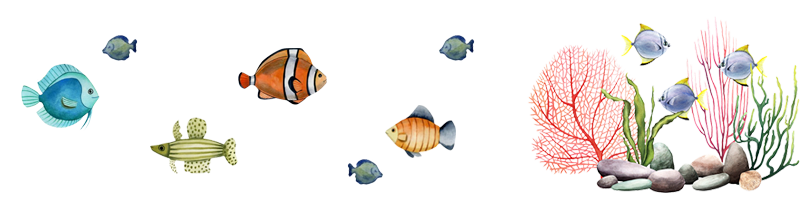 Colorful watercolor illustration of fish swimming near coral and seaweed.