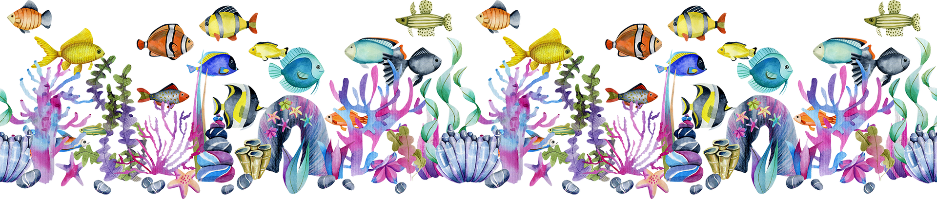 Watercolor ocean scene: colorful fish, coral, seaweed, arches, and a diverse range of marine life.