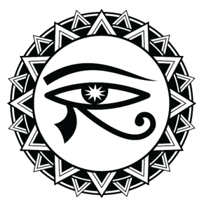 A black and white drawing of an eye in a circle