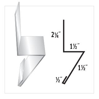 Diagram of a metal flashing profile with measurements: 2 1/4