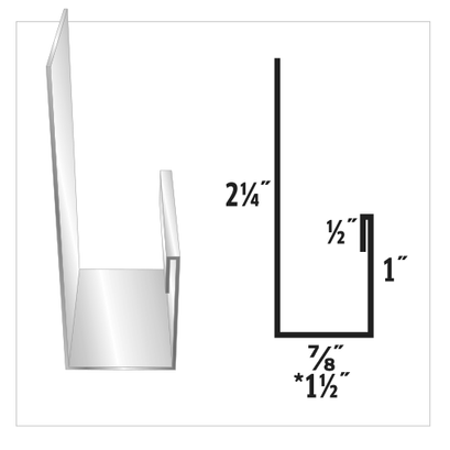 Side and front views of a clear, bent metal bracket with dimensions labeled in inches: 2.25, 1/2, 1, 7/8, and 1.5.