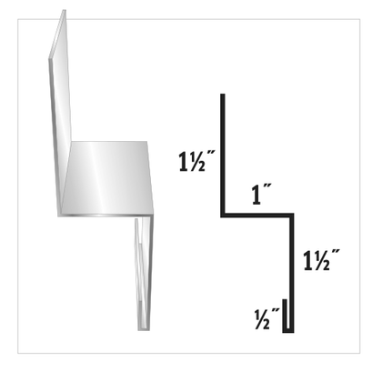 Profile of a Z-shaped metal trim piece with dimensions labeled: 1 ½”, 1”, 1 ½”, and ½”.