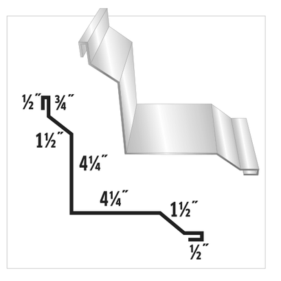 Diagram of a metal flashing profile with dimensions labeled in inches.
