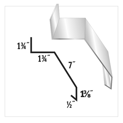 Diagram of a metal flashing profile with labeled dimensions: 1 3/4